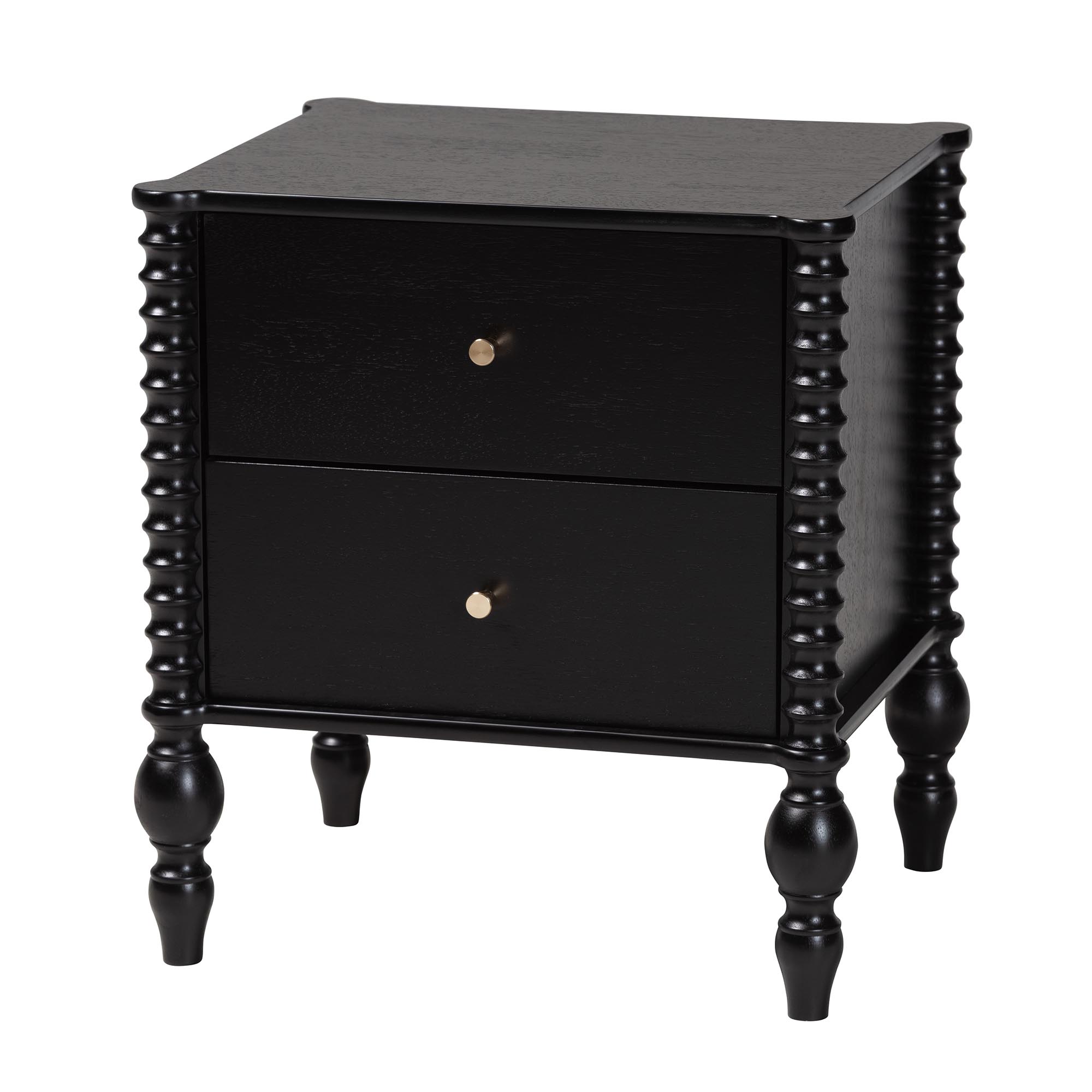 Baxton Studio Callison Spindle Nightstand - 2-Drawer Farmhouse Bedside Table with Turned Accents for Bedroom, Black